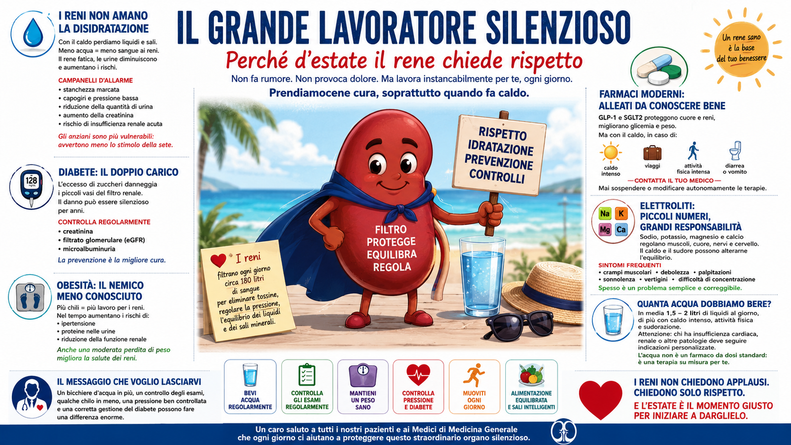 Rappresentazione di salute renale con focus su diabete, obesità, elettroliti e prevenzione della malattia renale cronica