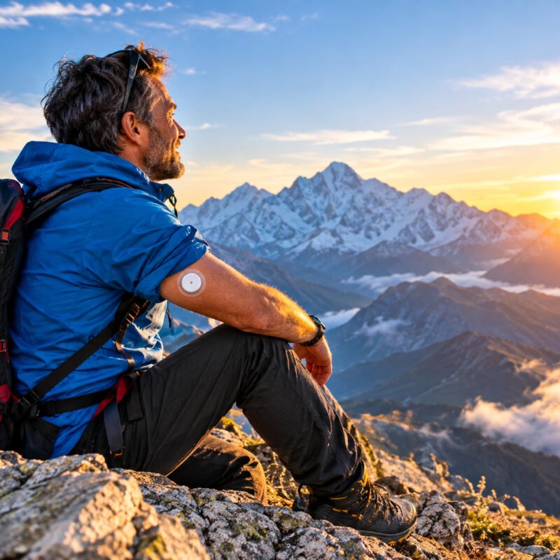 alpinista con diabete tipo 1 durante una spedizione sulle montagne dell’Himalaya
