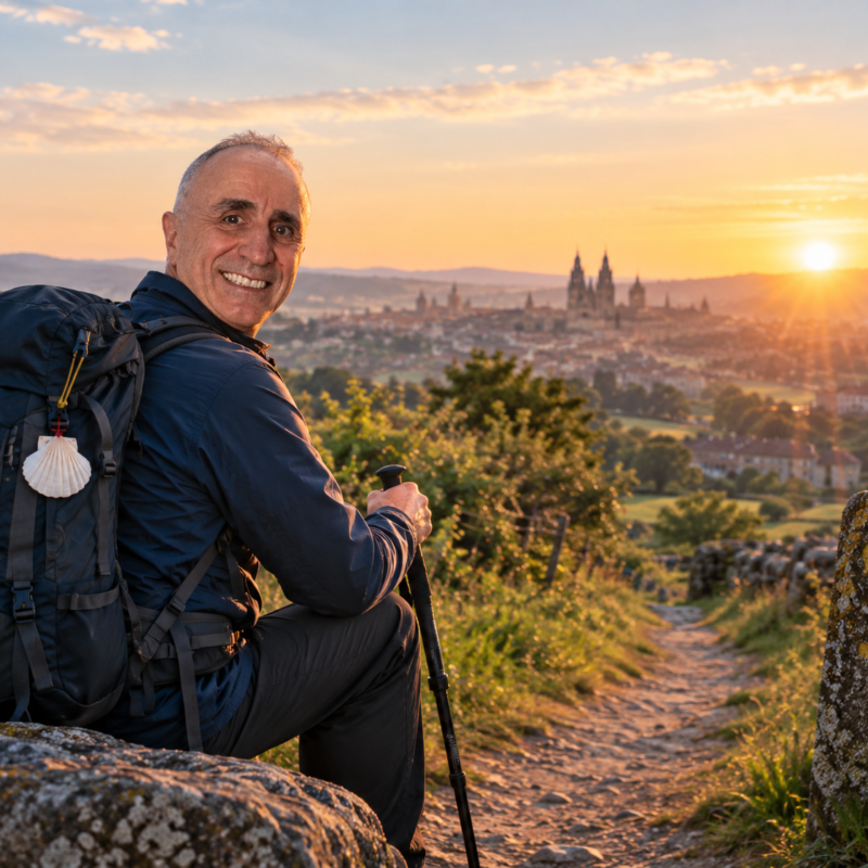 Uomo con zaino da pellegrino sul Cammino di Santiago, davanti a un paesaggio al tramonto, simbolo di fragilità, cura e speranza.
