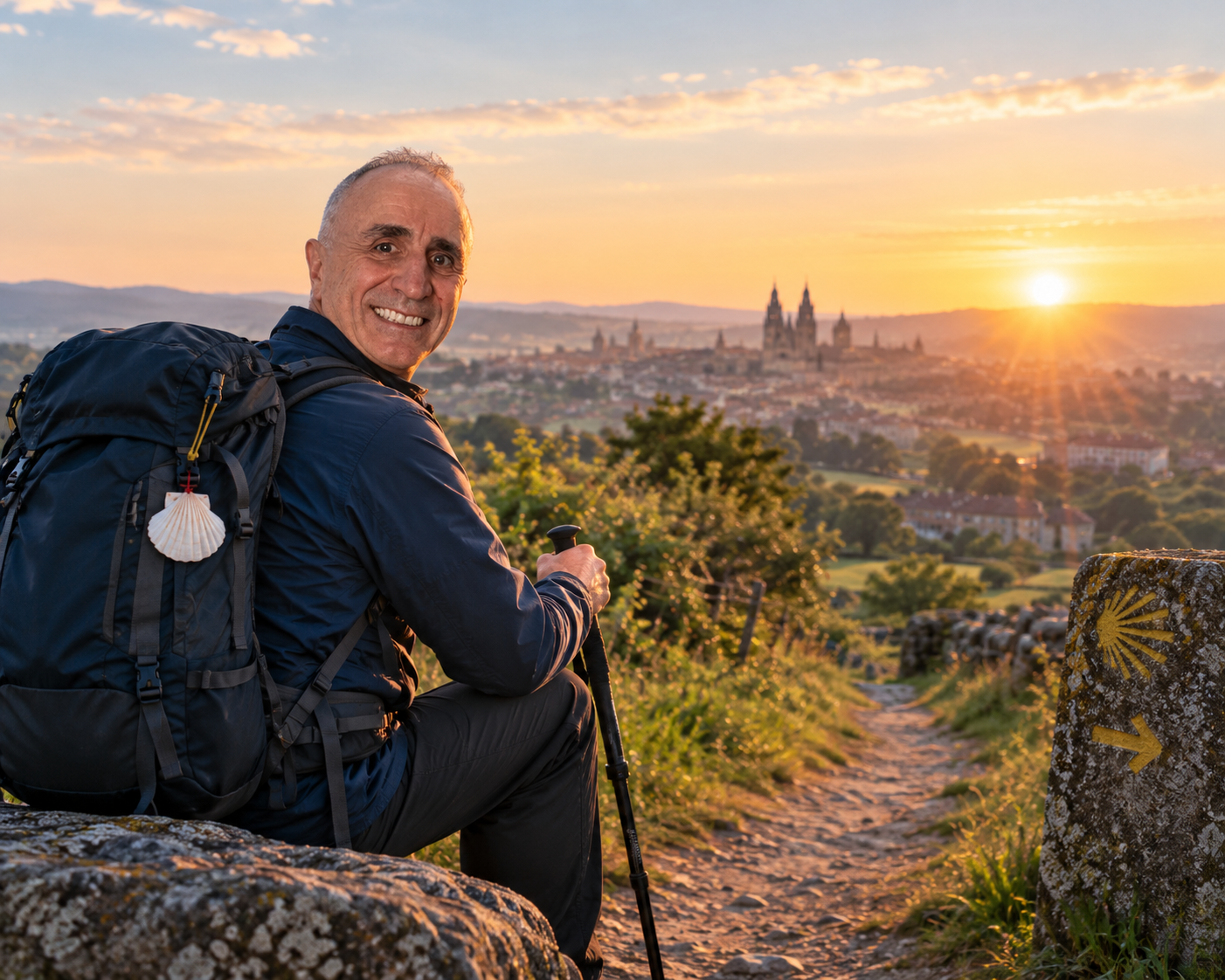 Uomo con zaino da pellegrino sul Cammino di Santiago, davanti a un paesaggio al tramonto, simbolo di fragilità, cura e speranza.